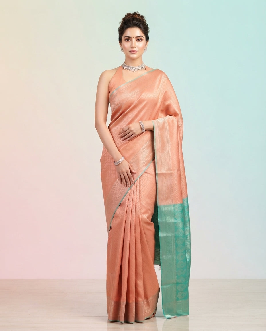 Self-Toned Banarasi Silk Saree with Diamond Lattice Weave & Paisley Border