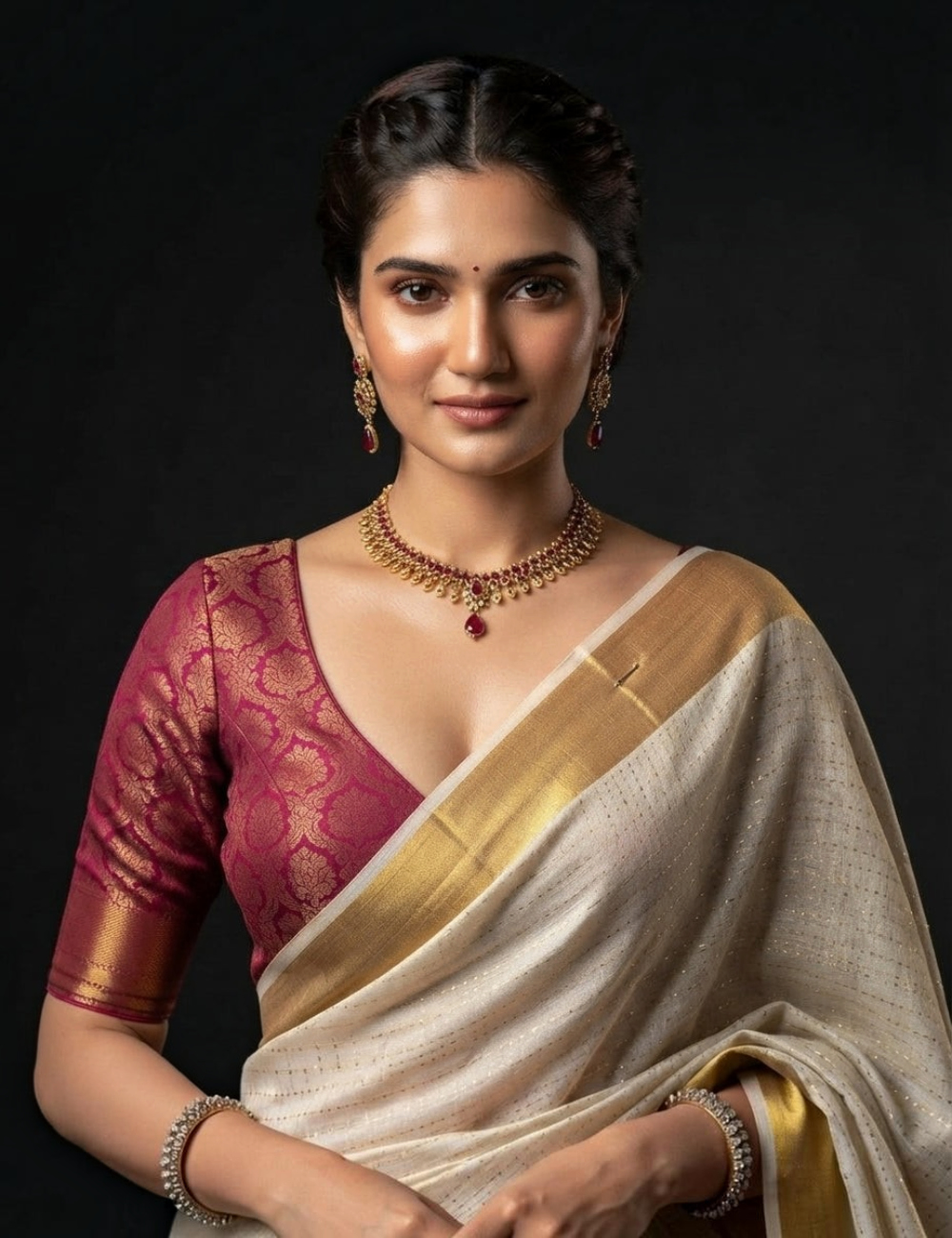 House Of Paramya ivory white Kasavu cotton saree with gold zari border and dotted texture worn with a maroon blouse.