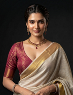 House Of Paramya ivory white Kasavu cotton saree with gold zari border and dotted texture worn with a maroon blouse.