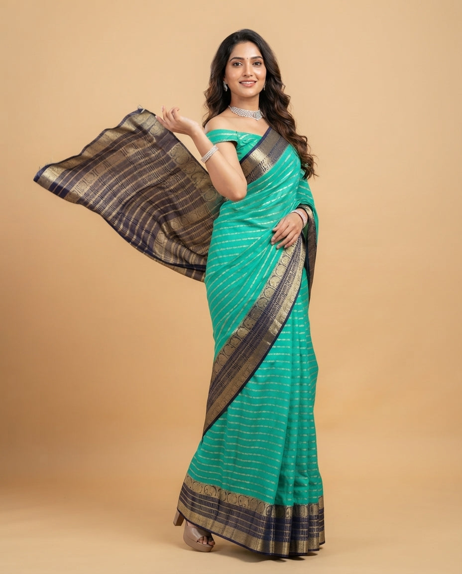Green and Navy Blue Crepe Silk Saree