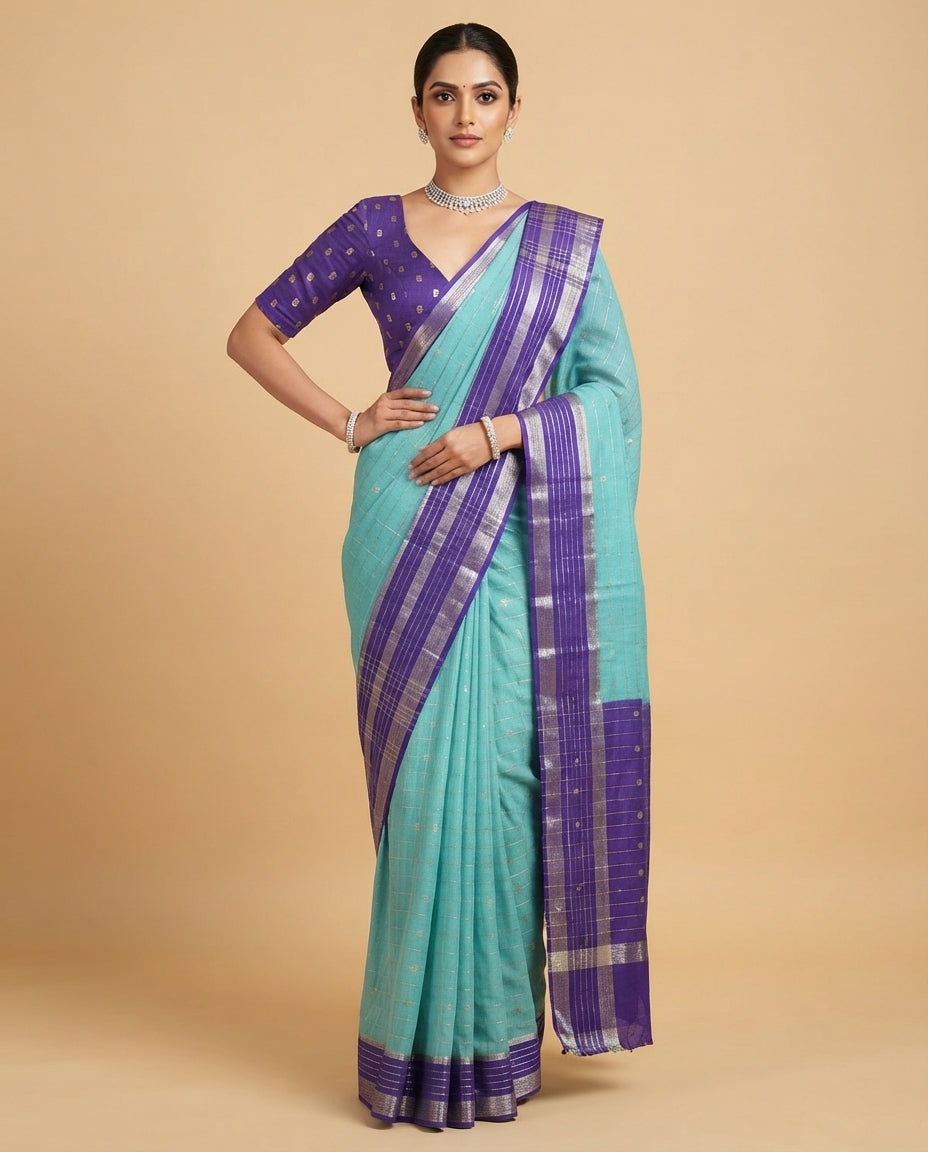 Turquoise Assam Cotton Saree with Gold Buti Weave & Purple Border