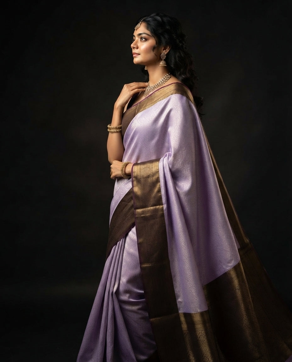 Lavender Semi Kanchi Silk Saree with Antique Gold Zari Border
