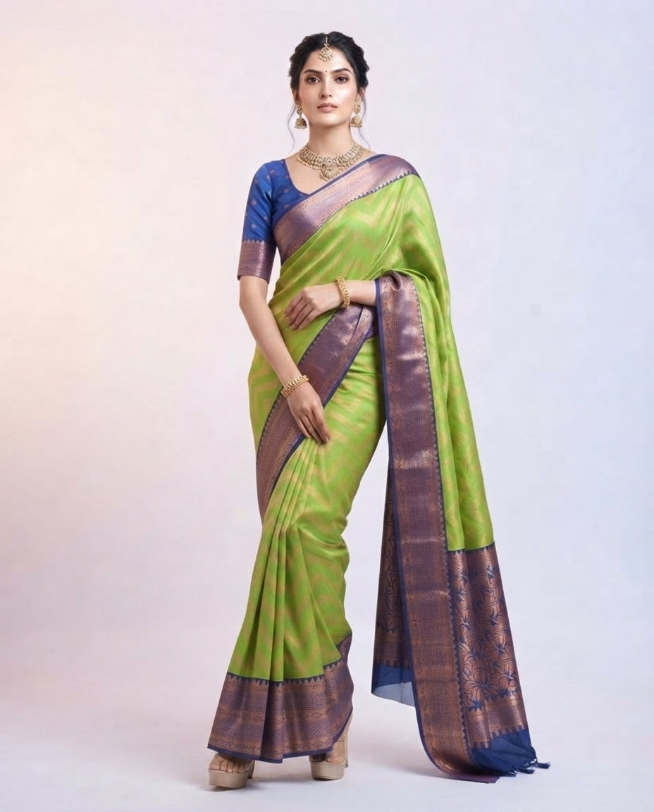 Navy Blue Kanchi Semi Silk Saree with Woven Leaf Pattern & Green Pallu