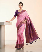 Pink Kanchi Semi Silk Saree with Woven Chevron Pattern & Purple Border