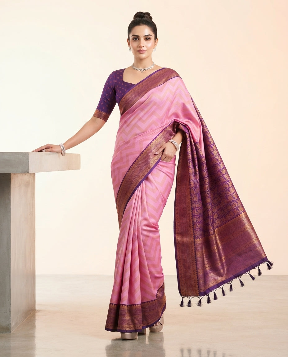 Pink Kanchi Semi Silk Saree with Woven Chevron Pattern & Purple Border
