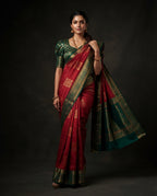 Red Kanchi Semi Silk Saree with Gold Floral Jaal & Bottle Green Pallu