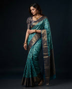 Teal Blue Pochampally Semi Silk Saree with Dark Navy Blue Zari Border