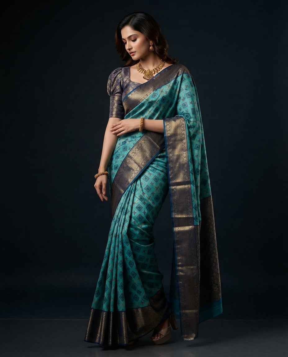 Teal Blue Pochampally Semi Silk Saree with Dark Navy Blue Zari Border