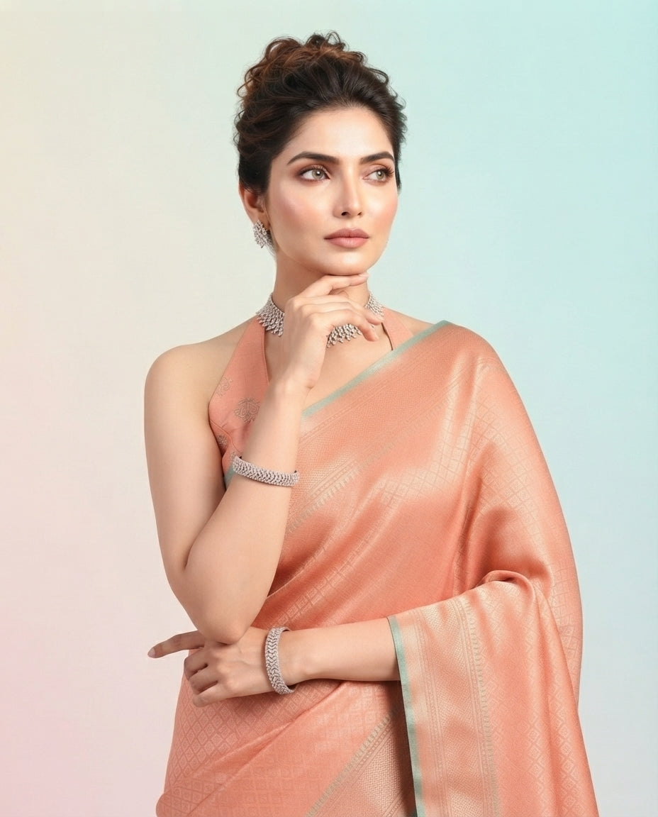 Self-Toned Banarasi Silk Saree with Diamond Lattice Weave & Paisley Border