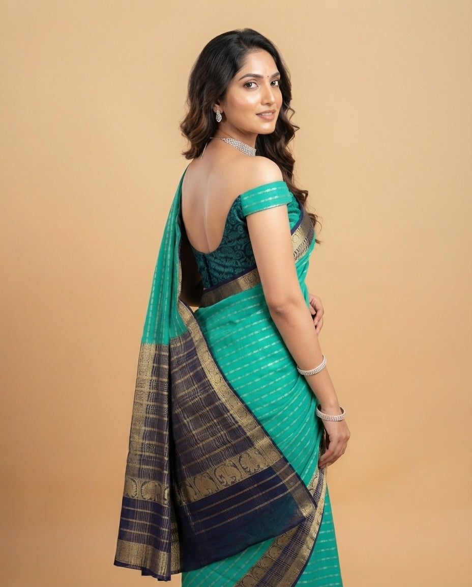 Green and Navy Blue Crepe Silk Saree