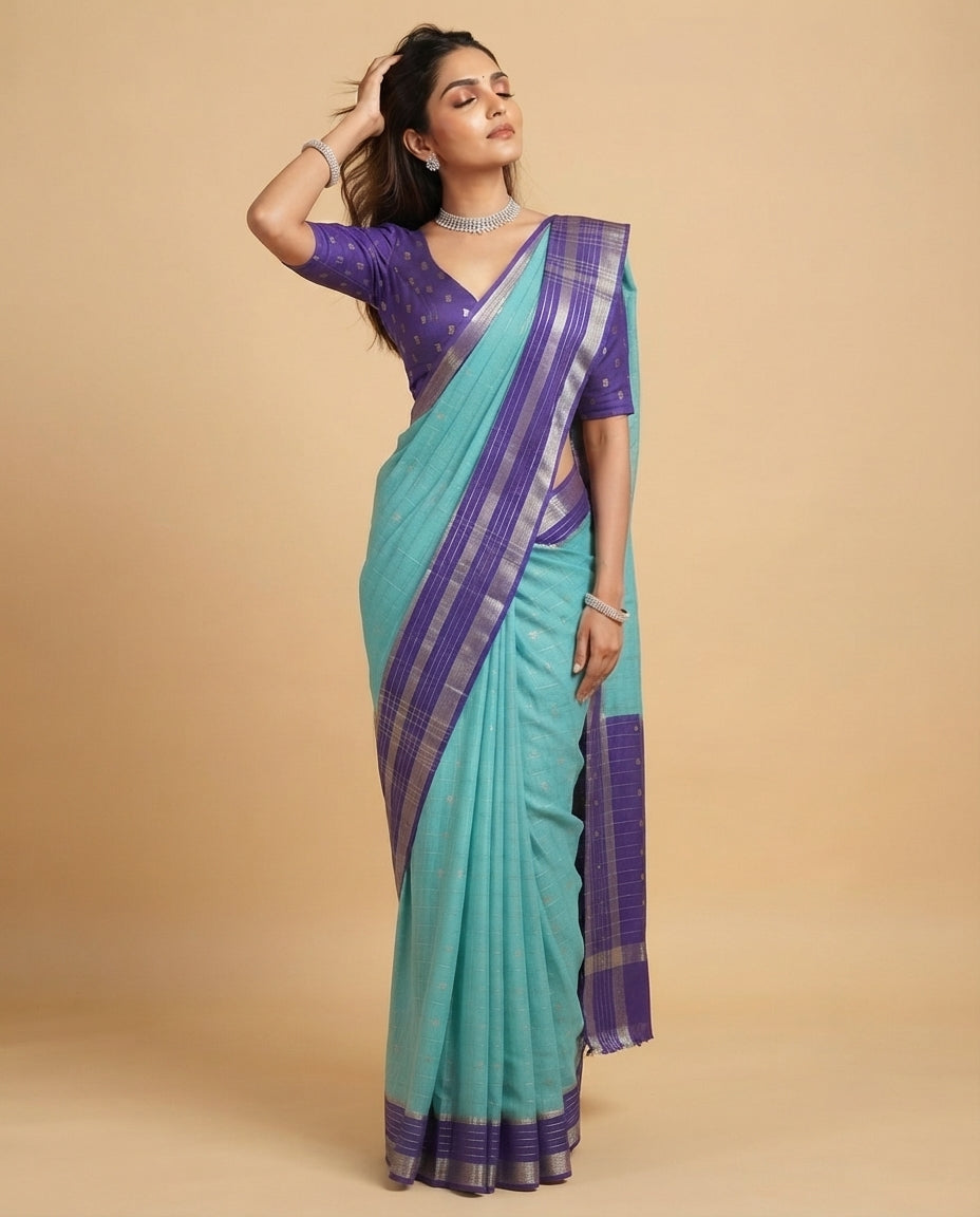 Turquoise Assam Cotton Saree with Gold Buti Weave & Purple Border