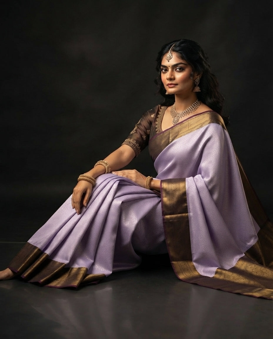 Lavender Semi Kanchi Silk Saree with Antique Gold Zari Border
