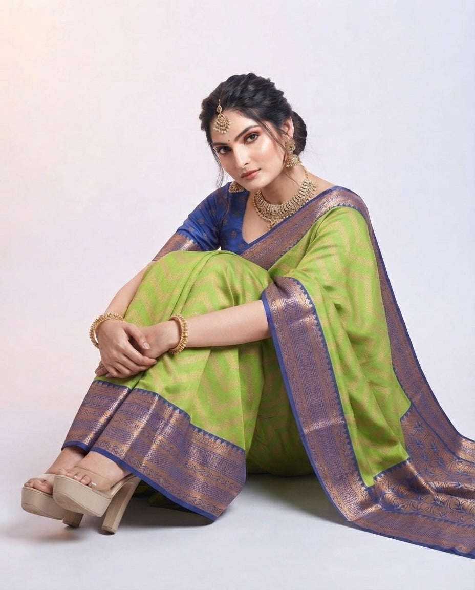 Navy Blue Kanchi Semi Silk Saree with Woven Leaf Pattern & Green Pallu