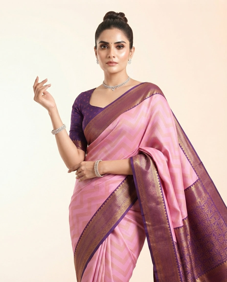 Pink Kanchi Semi Silk Saree with Woven Chevron Pattern & Purple Border