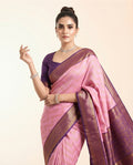 Pink Kanchi Semi Silk Saree with Woven Chevron Pattern & Purple Border