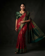 Red Kanchi Semi Silk Saree with Gold Floral Jaal & Bottle Green Pallu