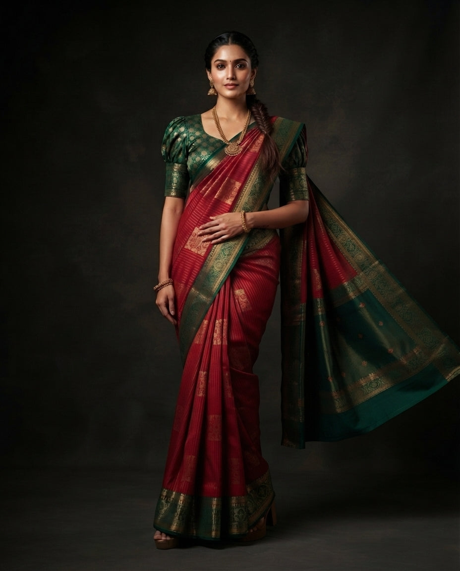 Red Kanchi Semi Silk Saree with Gold Floral Jaal & Bottle Green Pallu