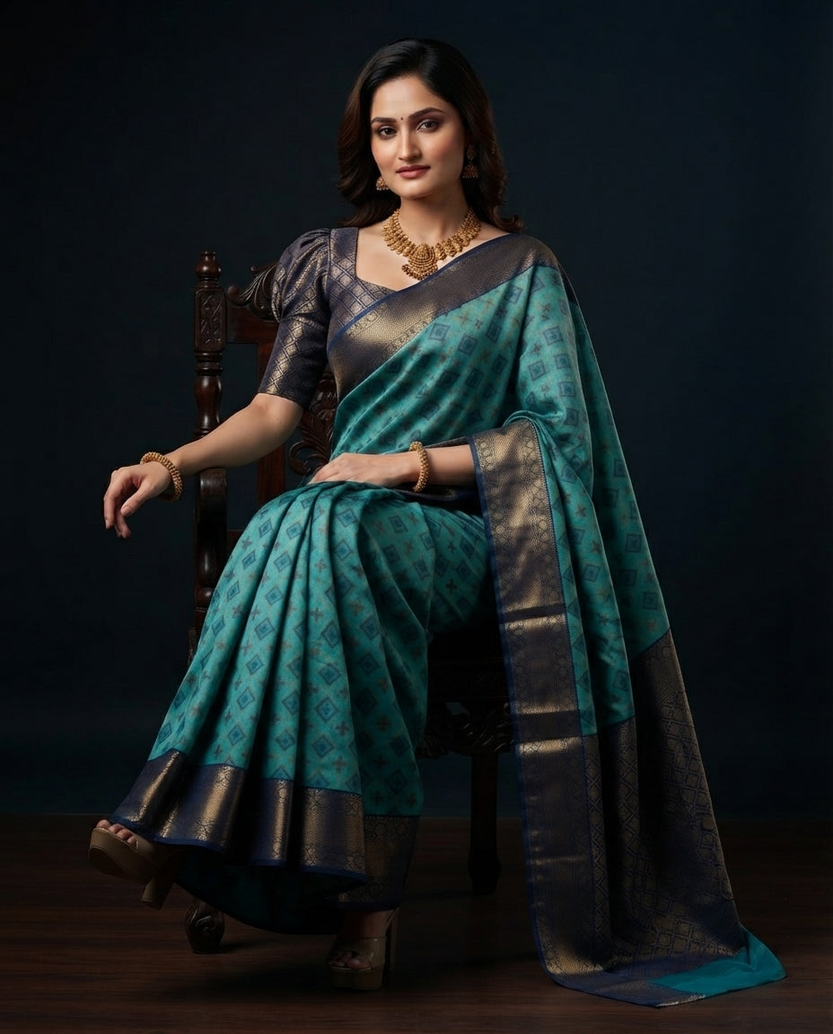 Teal Blue Pochampally Semi Silk Saree with Dark Navy Blue Zari Border