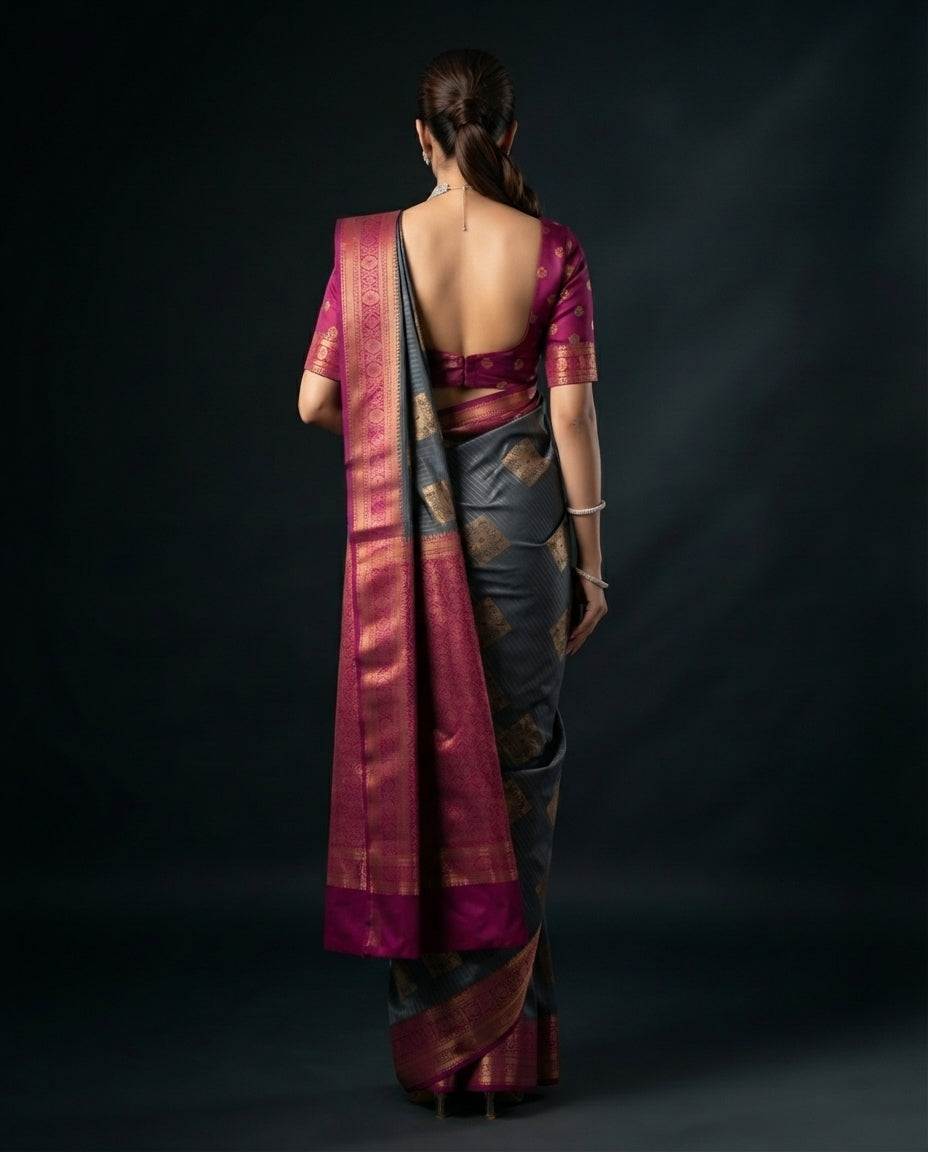 Grey Semi Kanchi Silk Saree with Maroon-Pink Gold Floral Jaal Pallu