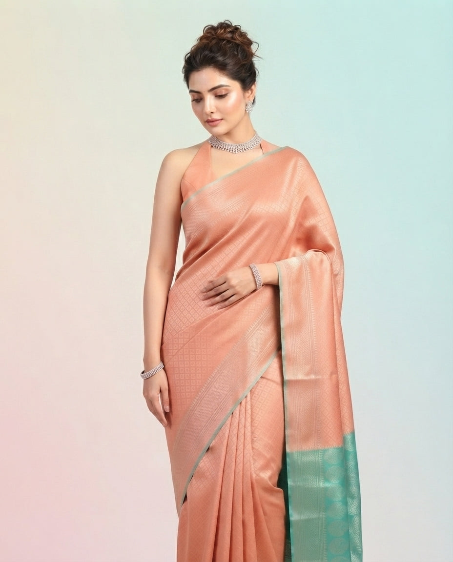 Self-Toned Banarasi Silk Saree with Diamond Lattice Weave & Paisley Border