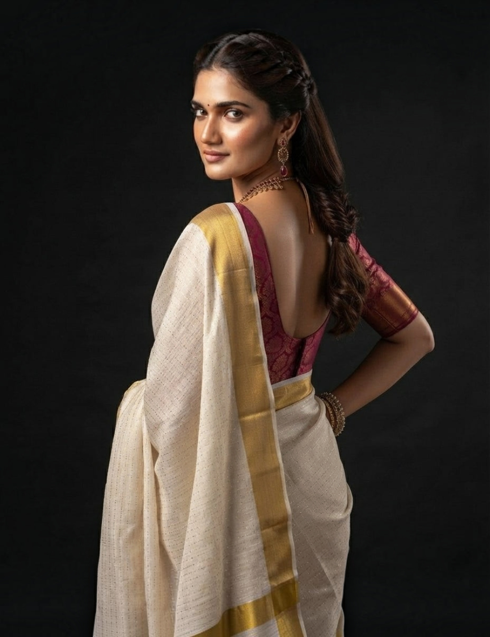 House Of Paramya ivory white pure cotton Kasavu saree with dotted texture and traditional gold zari border