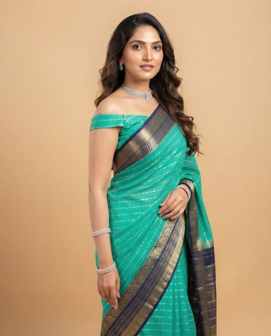 Green and Navy Blue Crepe Silk Saree