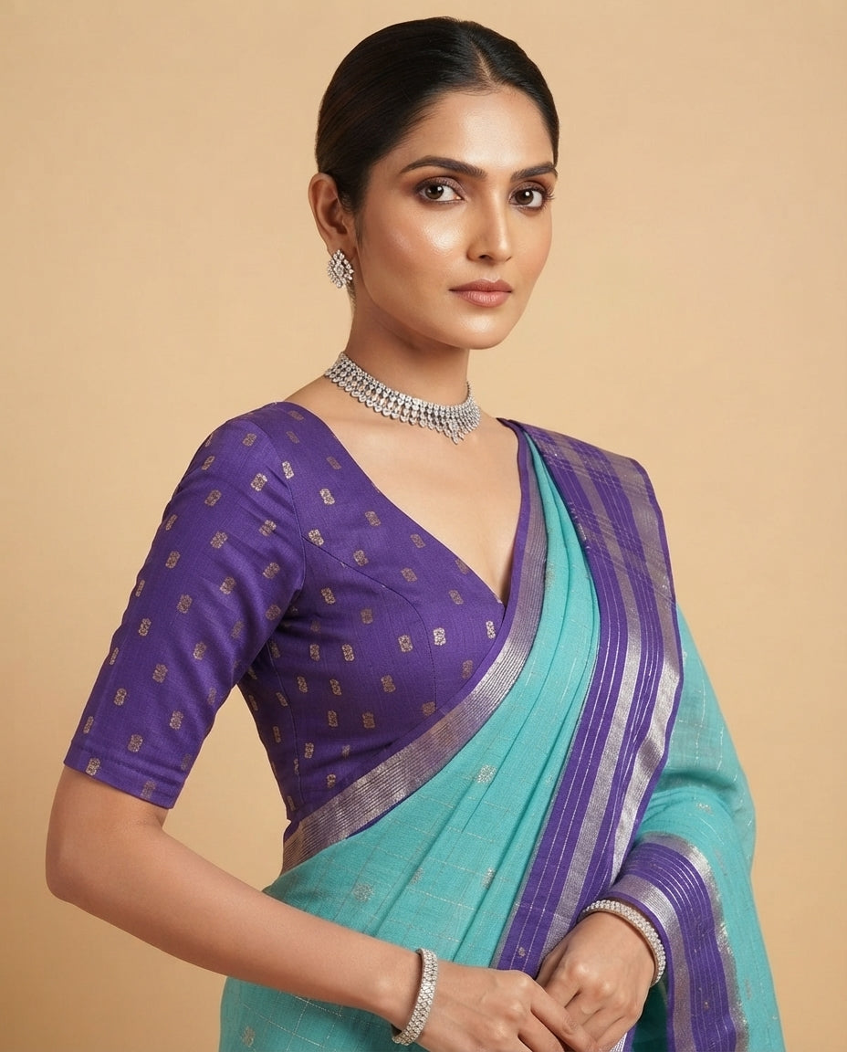 Turquoise Assam Cotton Saree with Gold Buti Weave & Purple Border