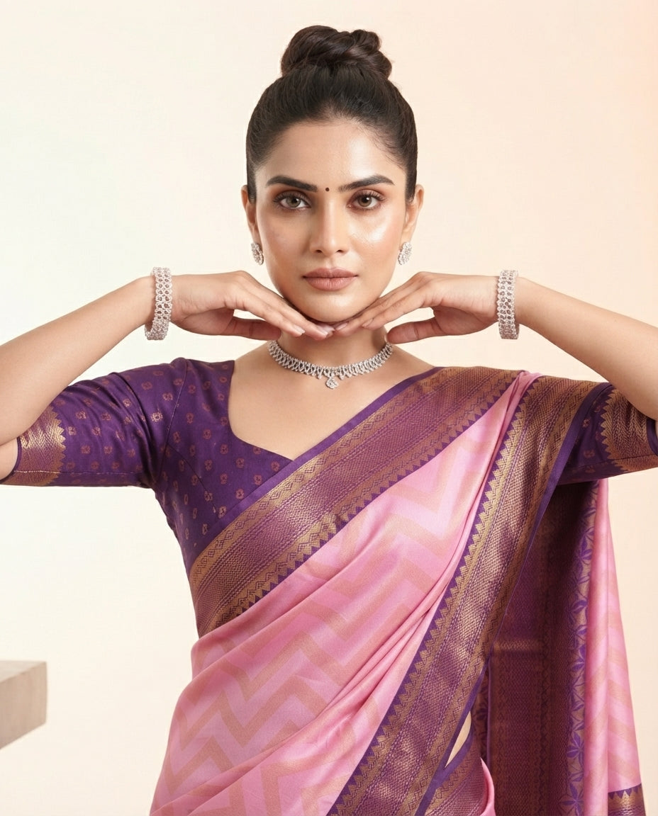 Pink Kanchi Semi Silk Saree with Woven Chevron Pattern & Purple Border