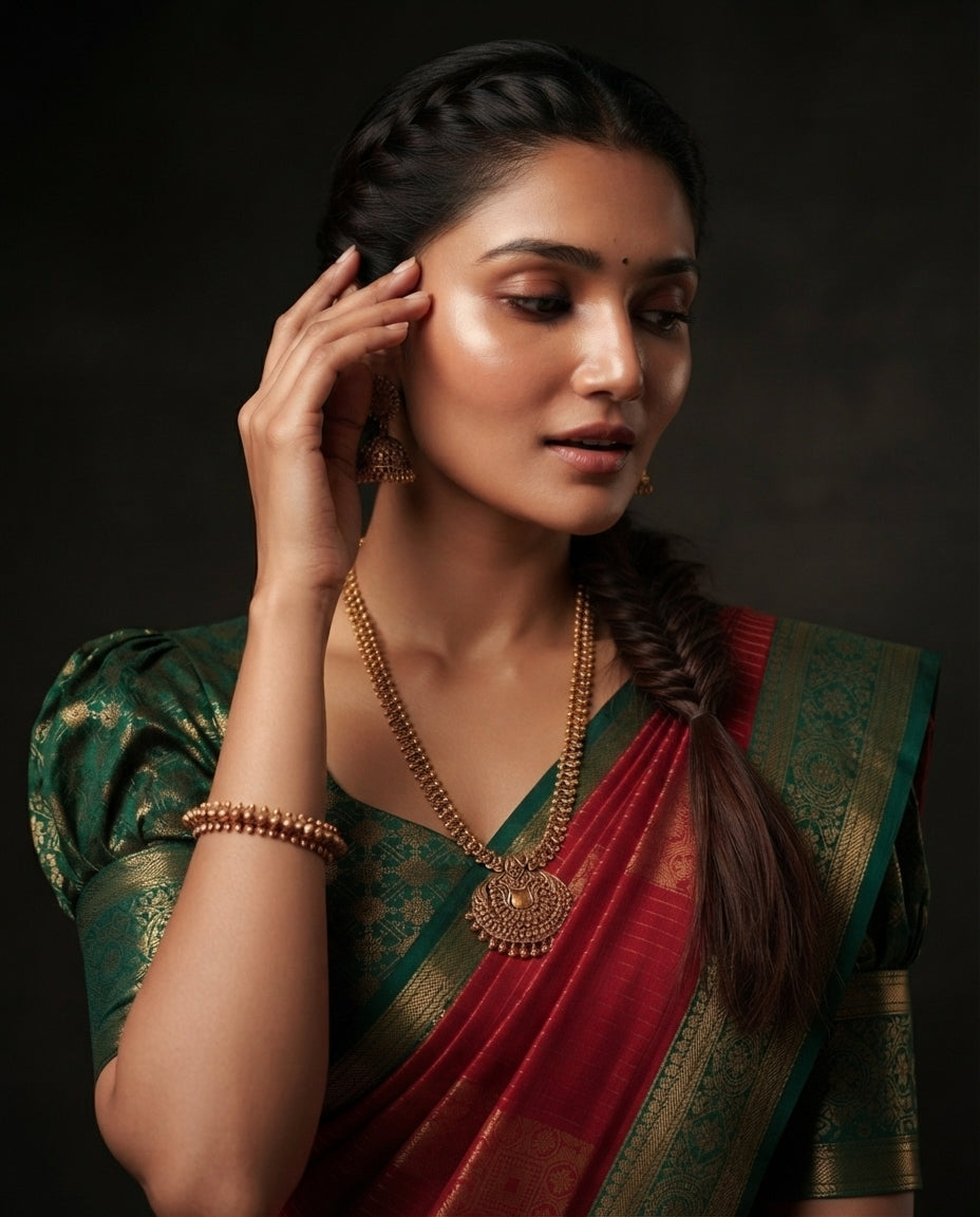 Red Kanchi Semi Silk Saree with Gold Floral Jaal & Bottle Green Pallu