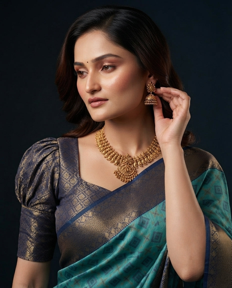 Teal Blue Pochampally Semi Silk Saree with Dark Navy Blue Zari Border