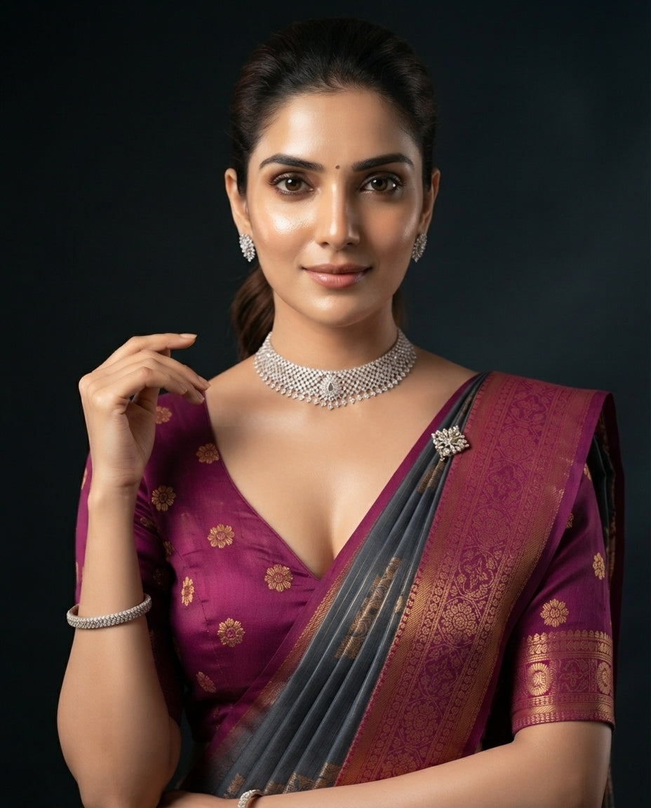 Grey Semi Kanchi Silk Saree with Maroon-Pink Gold Floral Jaal Pallu