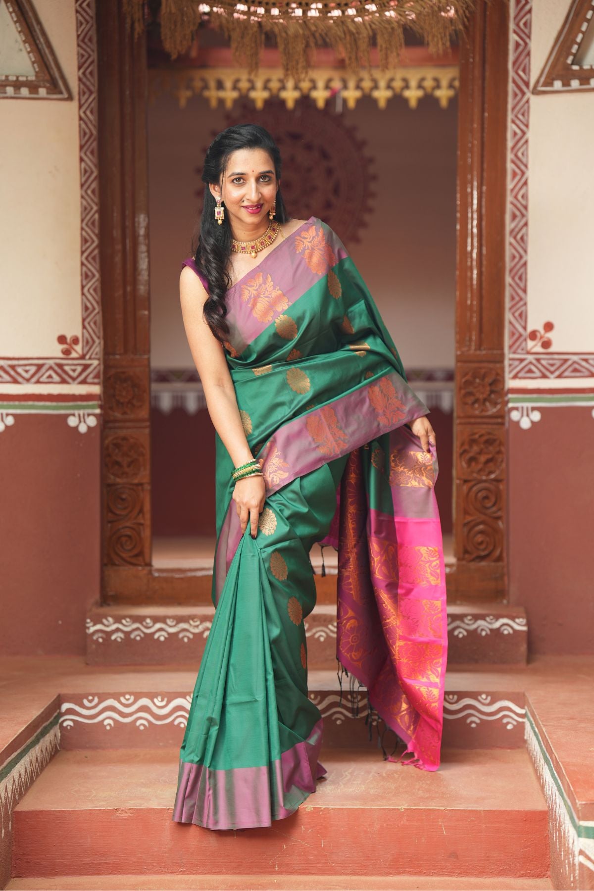 Green & Pink Soft Silk Saree with Copper Zari
