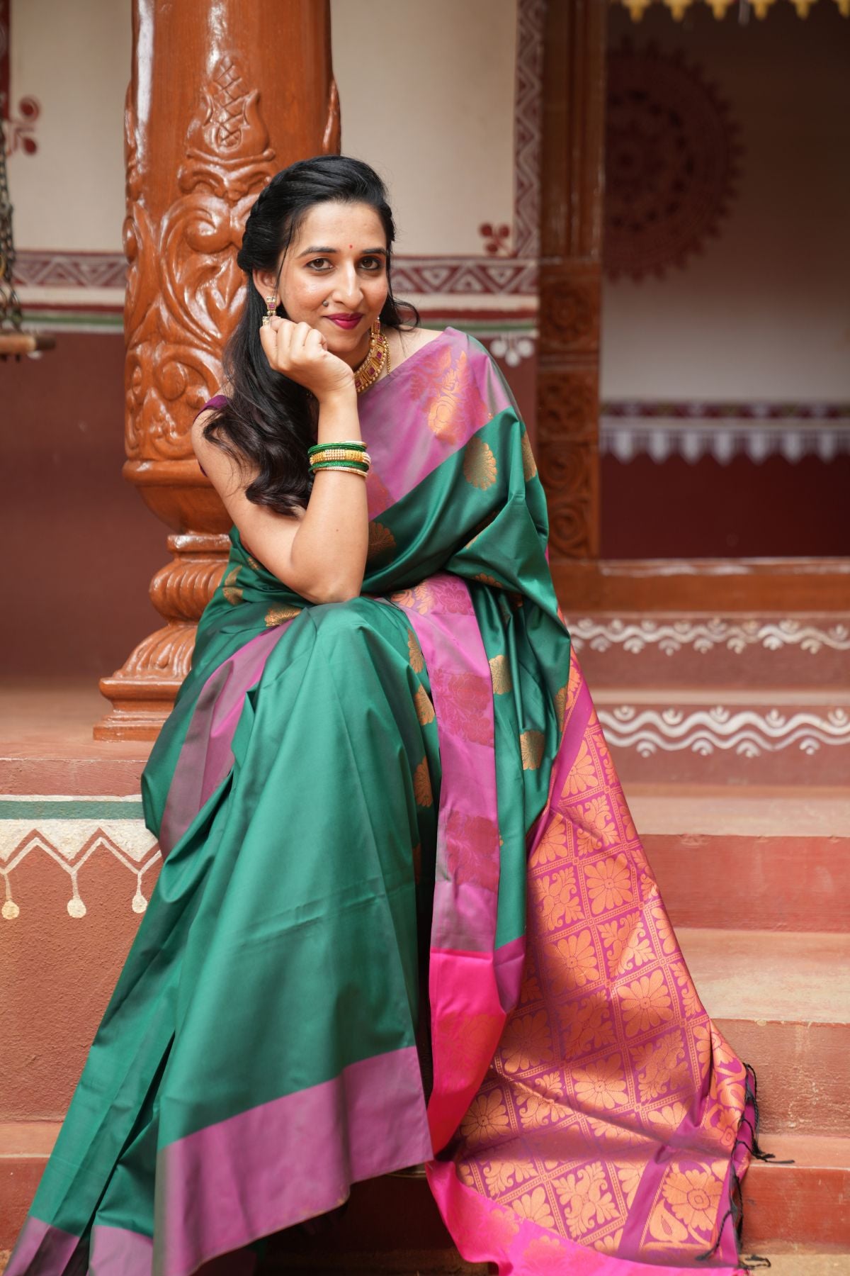 Green & Pink Soft Silk Saree with Copper Zari