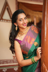 Green & Pink Soft Silk Saree with Copper Zari