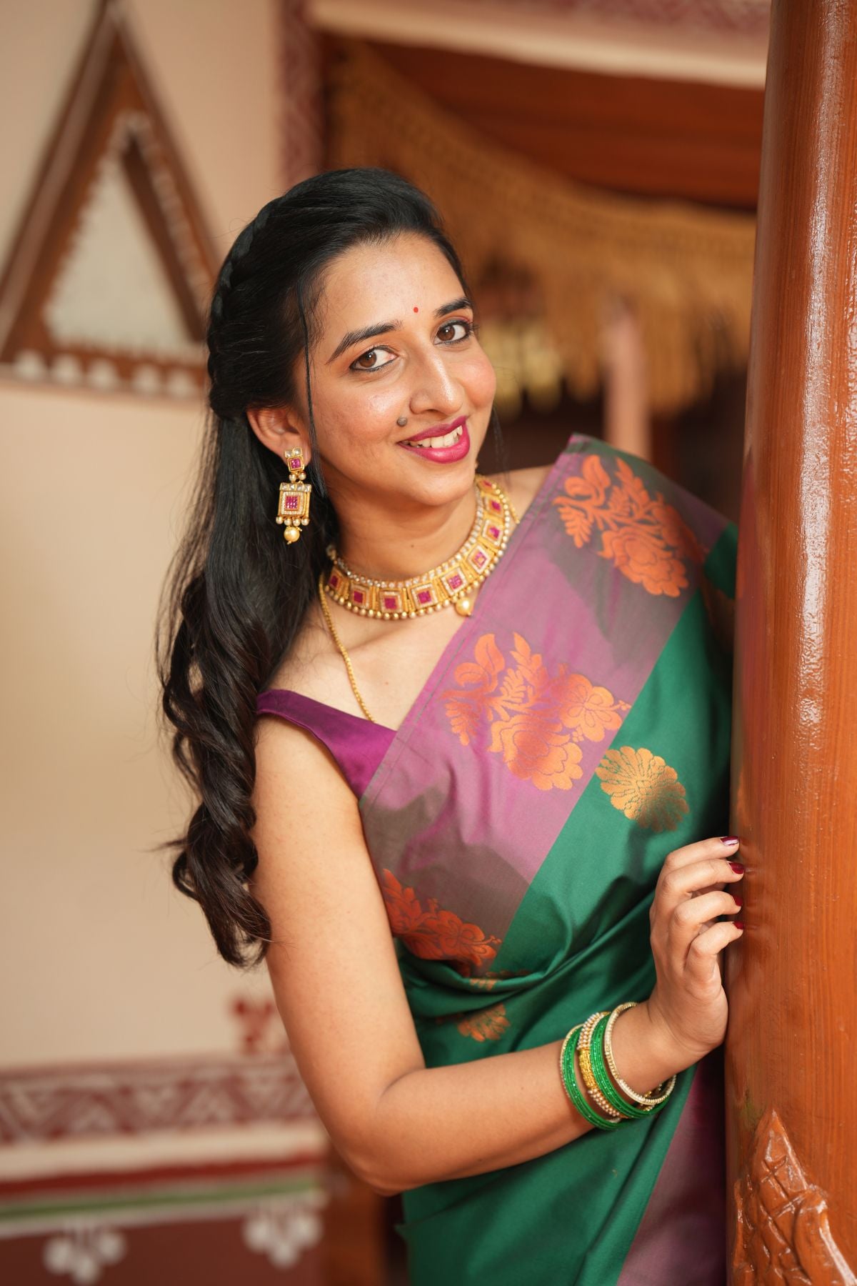 Green & Pink Soft Silk Saree with Copper Zari
