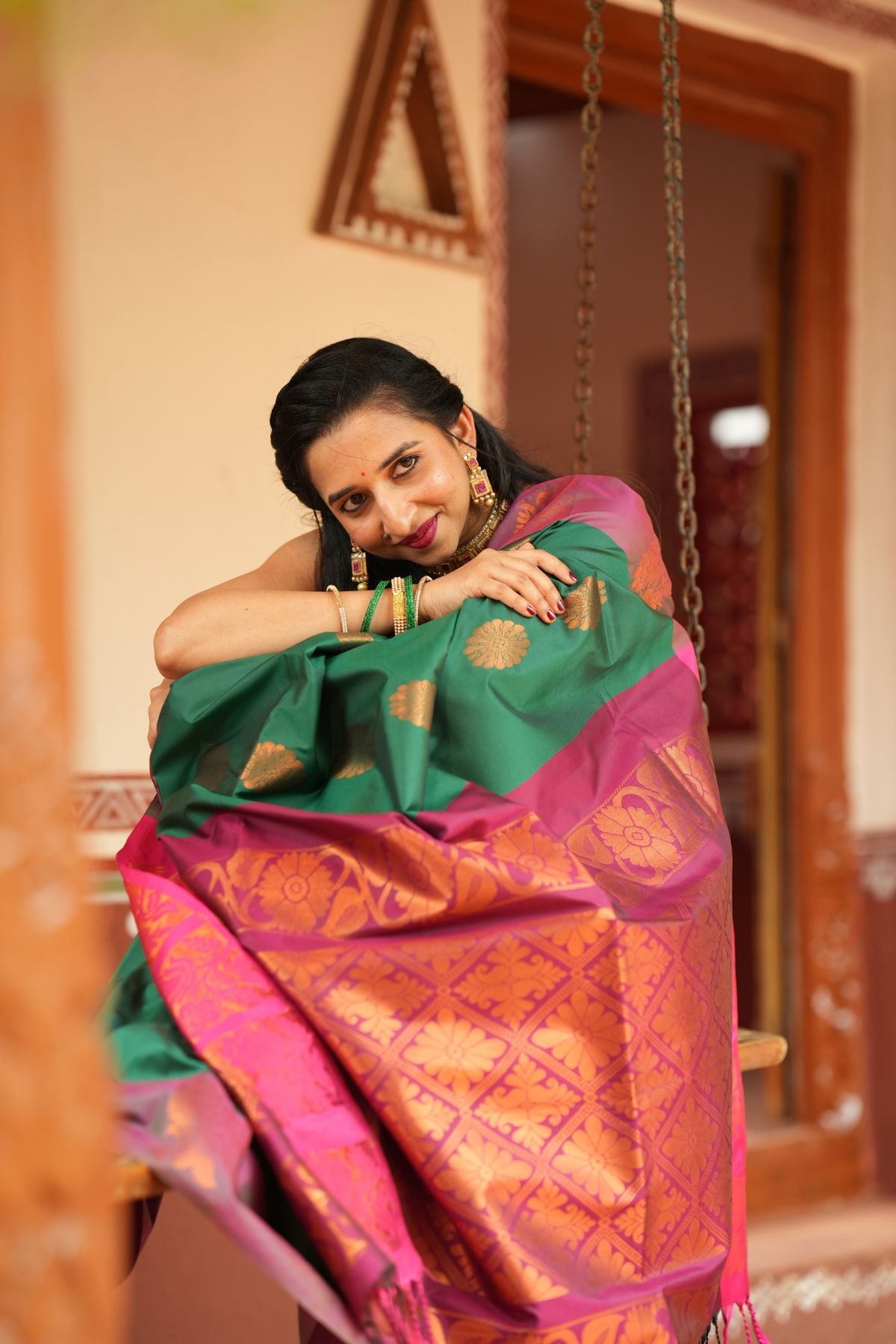 Green & Pink Soft Silk Saree with Copper Zari