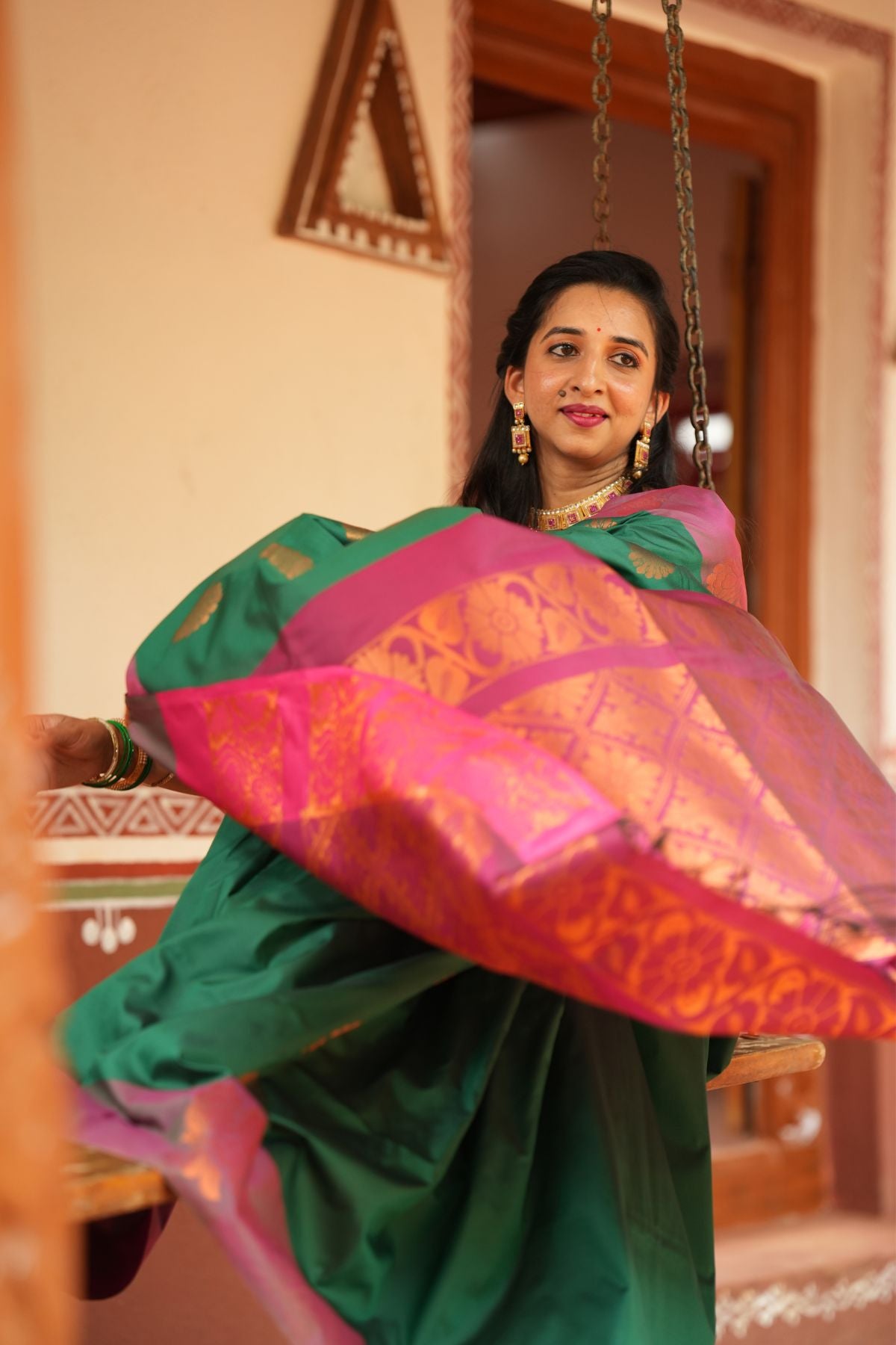 Green & Pink Soft Silk Saree with Copper Zari