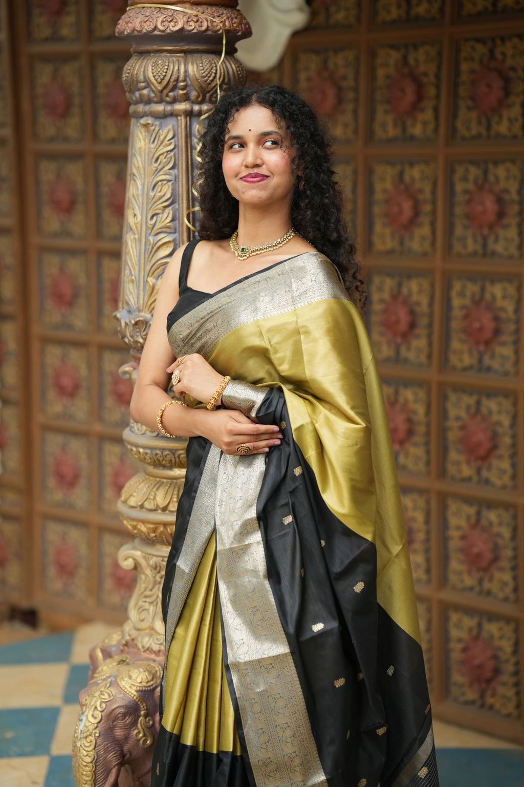 Olive Gold & Black Fusion Soft Silk Banarasi Saree with Zari Border