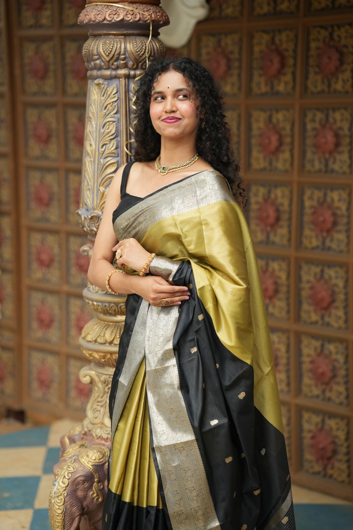 Olive Gold & Black Fusion Soft Silk Banarasi Saree with Zari Border