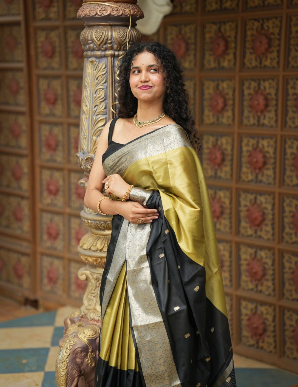 House Of Paramya olive gold and black soft silk Banarasi saree with silver-gold zari border and traditional butis