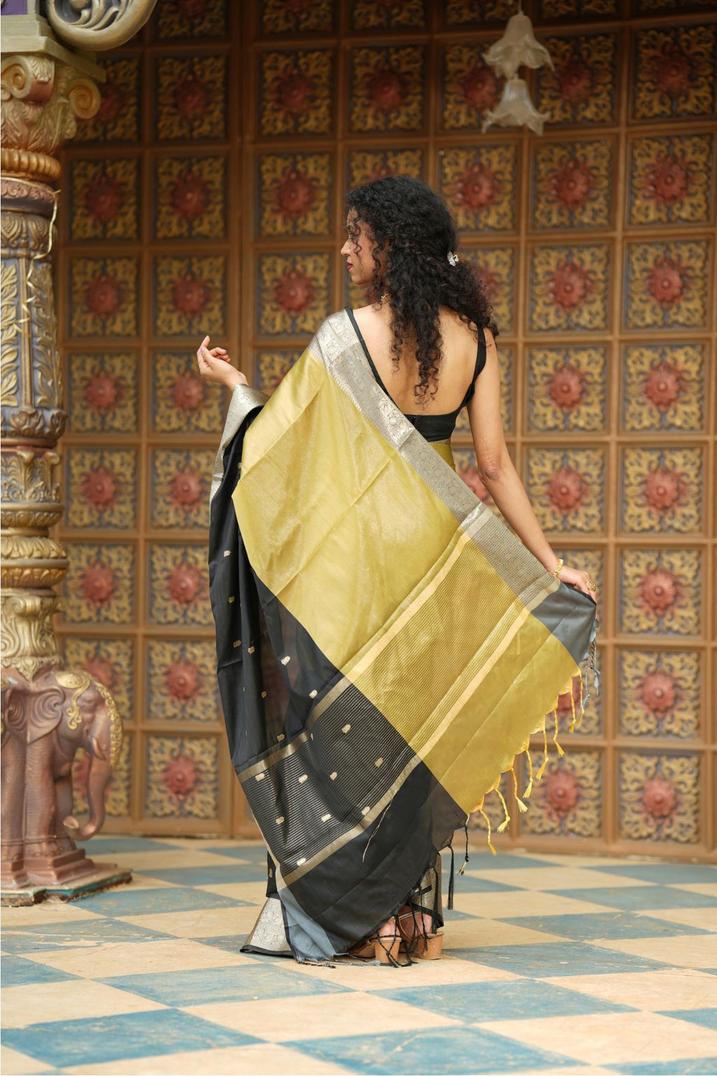 Olive Gold & Black Fusion Soft Silk Banarasi Saree with Zari Border