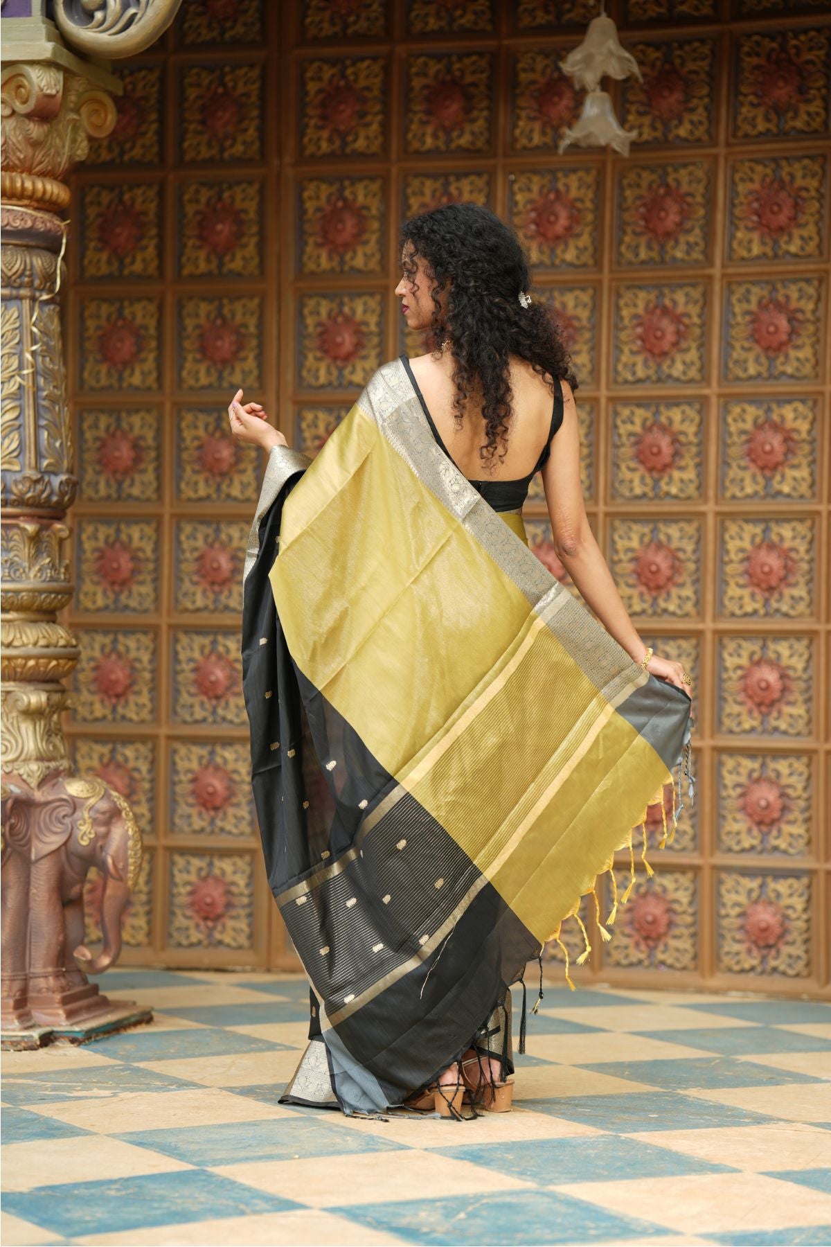 Olive Gold & Black Fusion Soft Silk Banarasi Saree with Zari Border