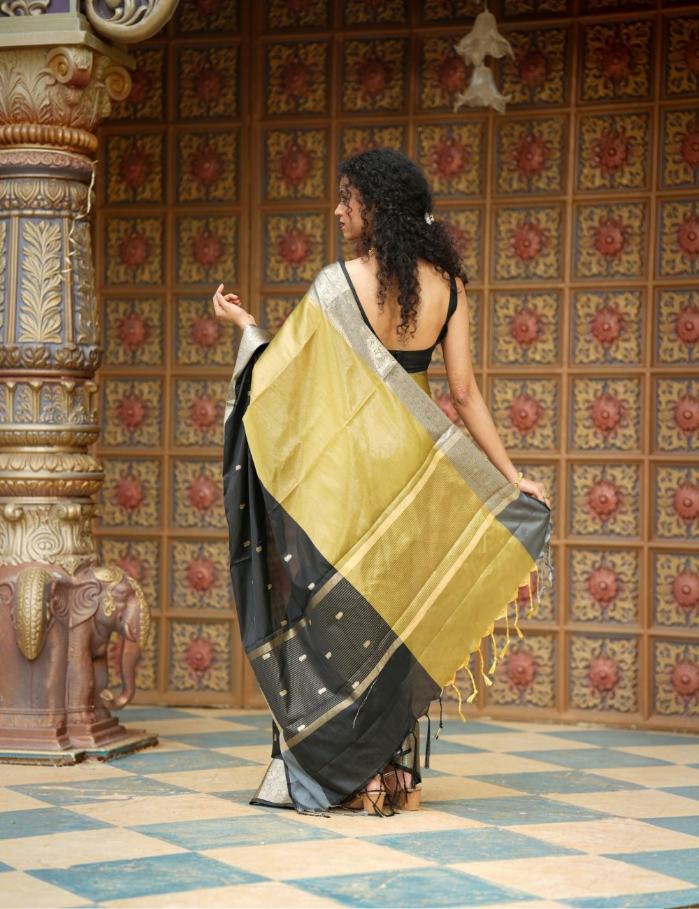 House Of Paramya olive gold and black soft silk Banarasi saree with silver-gold zari border and buti details