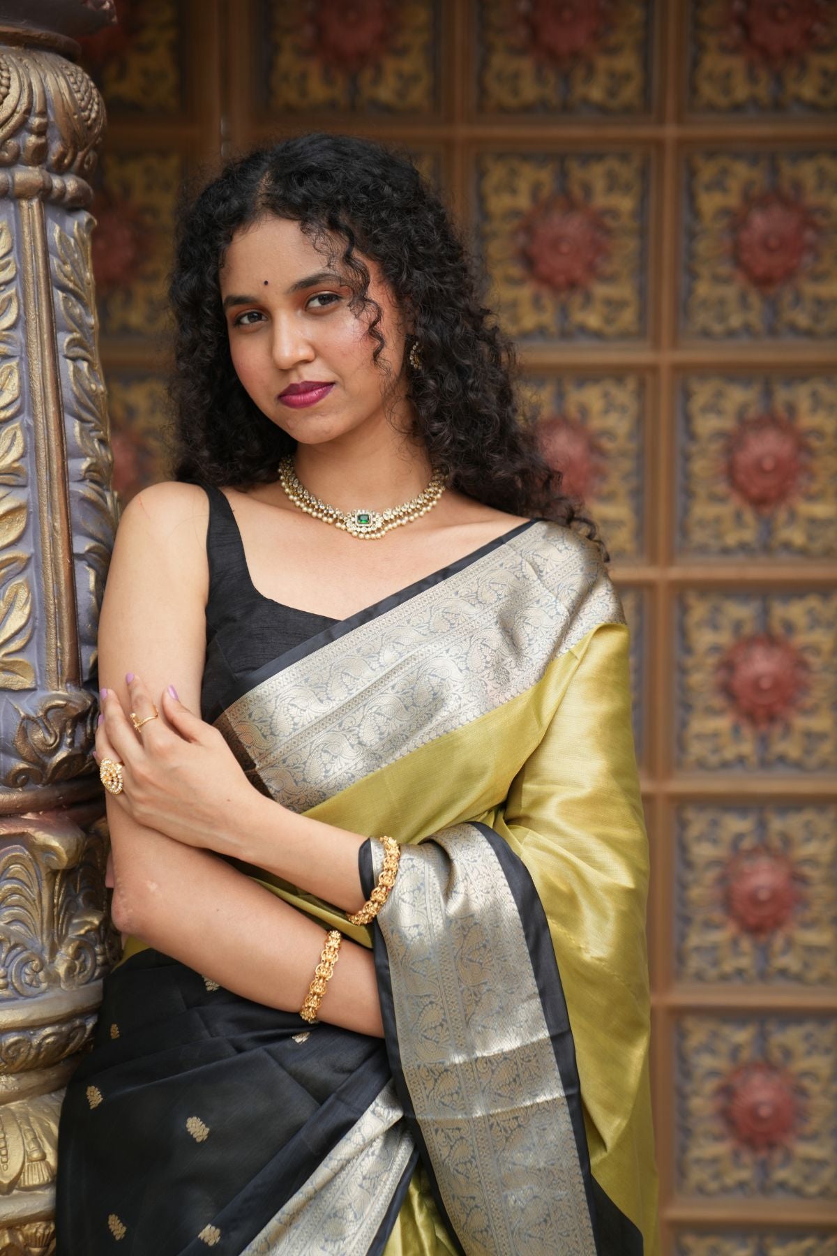 Olive Gold & Black Fusion Soft Silk Banarasi Saree with Zari Border