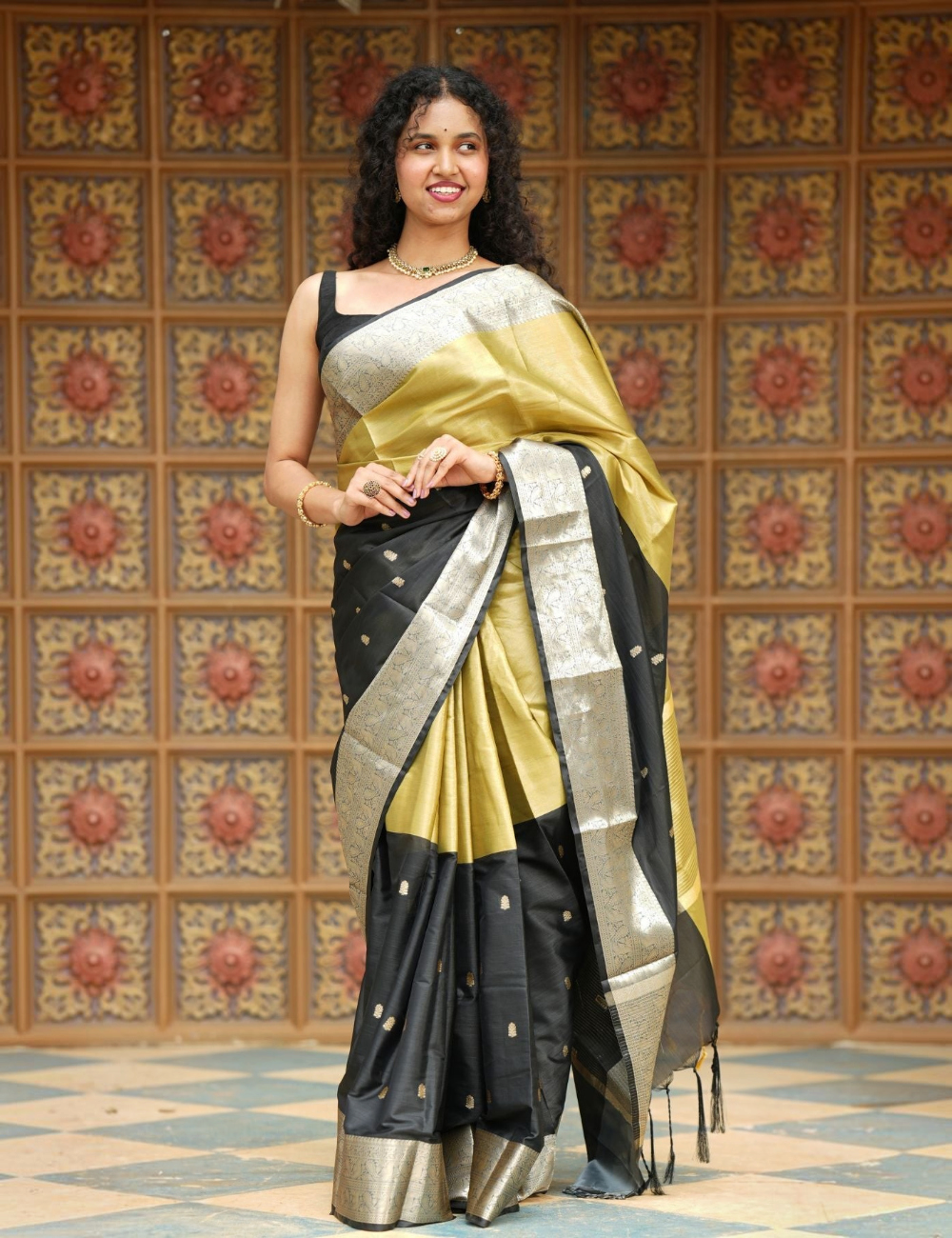 House Of Paramya olive gold and black soft silk Banarasi saree with silver-gold zari border and traditional butis