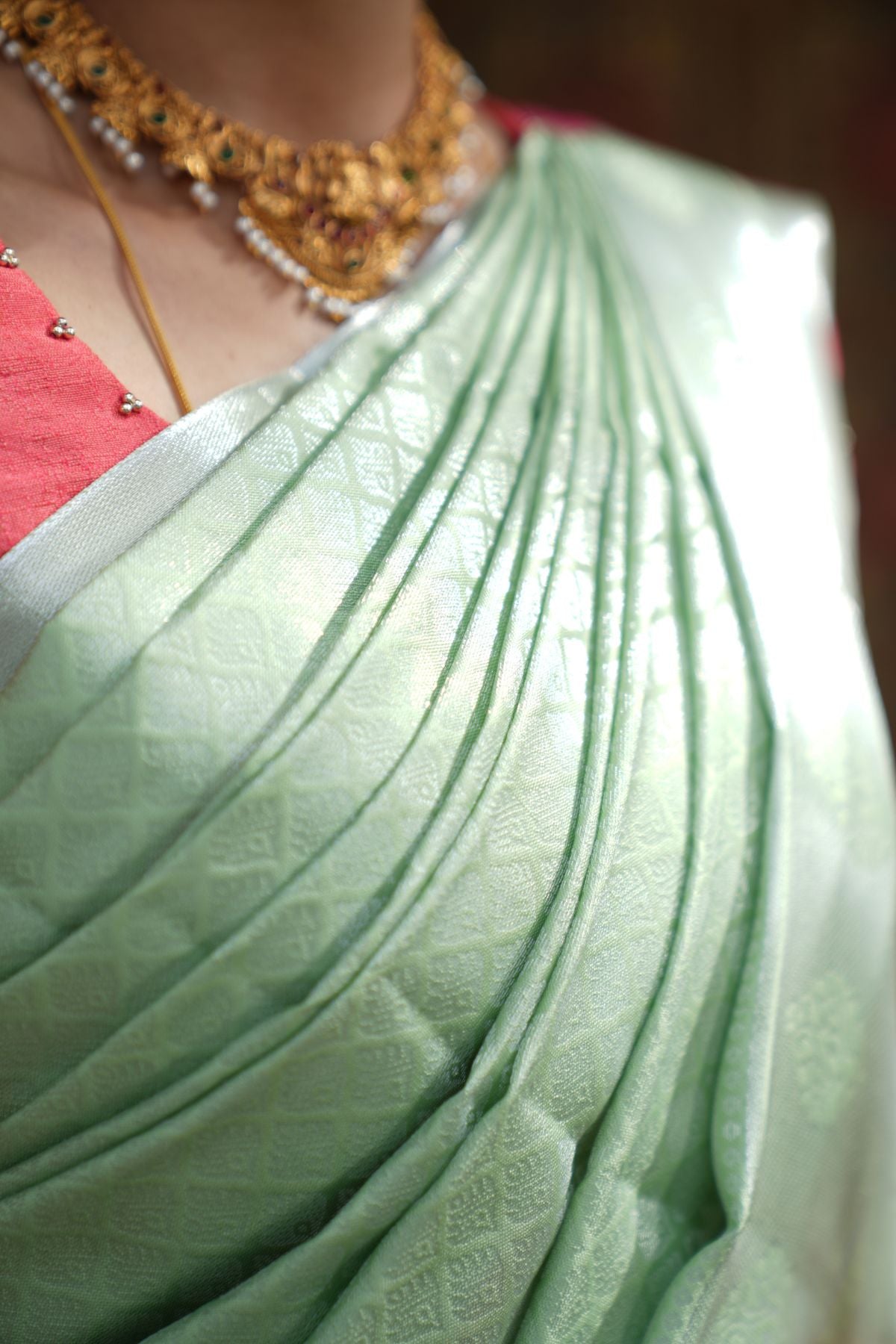 Pastel Sage Green Kanchi Semi Silk Saree with Contrast Pink Pallu