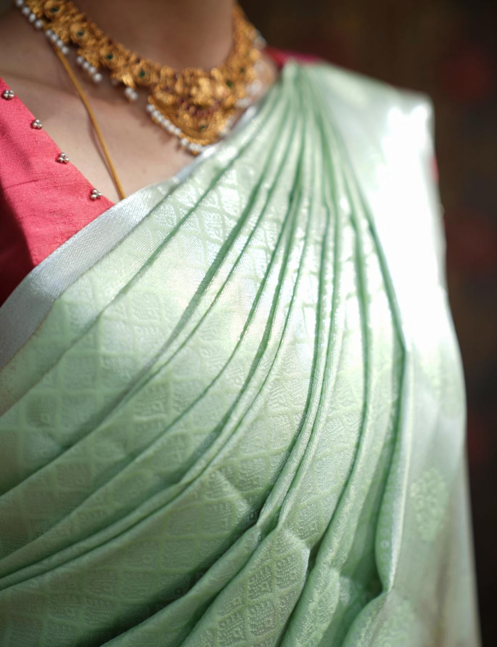 House Of Paramya sage green semi Kanchipuram silk saree with diamond lattice pattern and contrast pink blouse