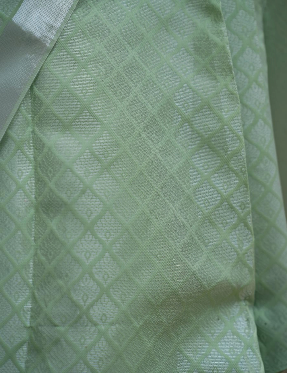 House Of Paramya sage green semi Kanchipuram silk saree featuring a delicate self-toned diamond lattice pattern
