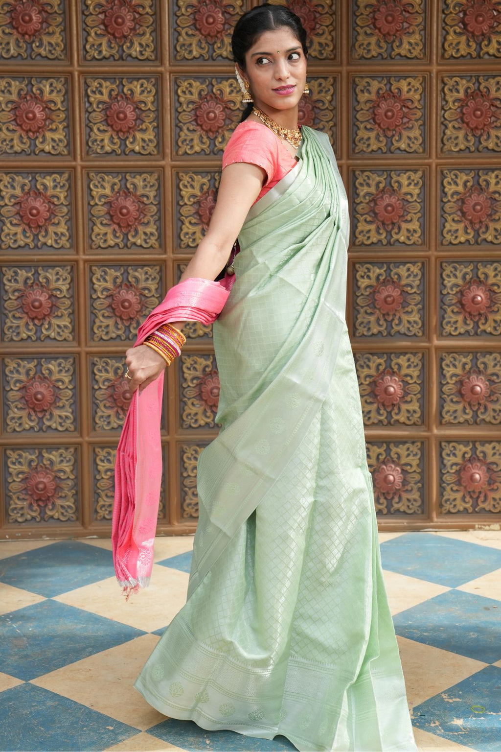 Pastel Sage Green Kanchi Semi Silk Saree with Contrast Pink Pallu