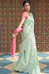Pastel Sage Green Kanchi Semi Silk Saree with Contrast Pink Pallu